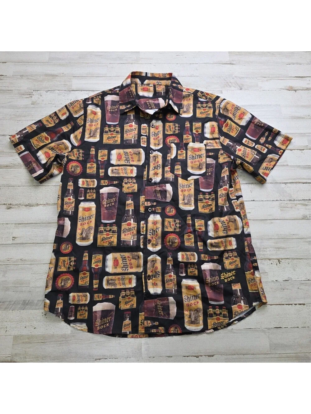 Shiner Bock Beer Button-Up Shirt Men's LG All Over Print Texas Drinking Party